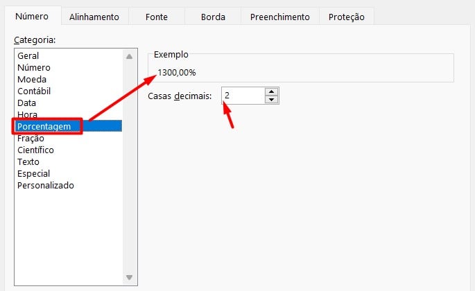 Formato de Porcentagem no Excel