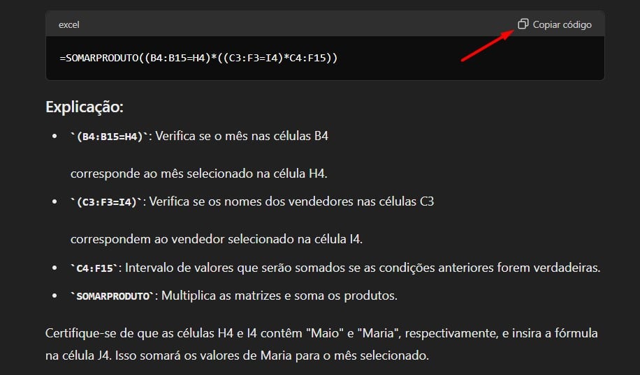 Resultado do ChatGPT com a Função SOMARPRODUTO no Excel