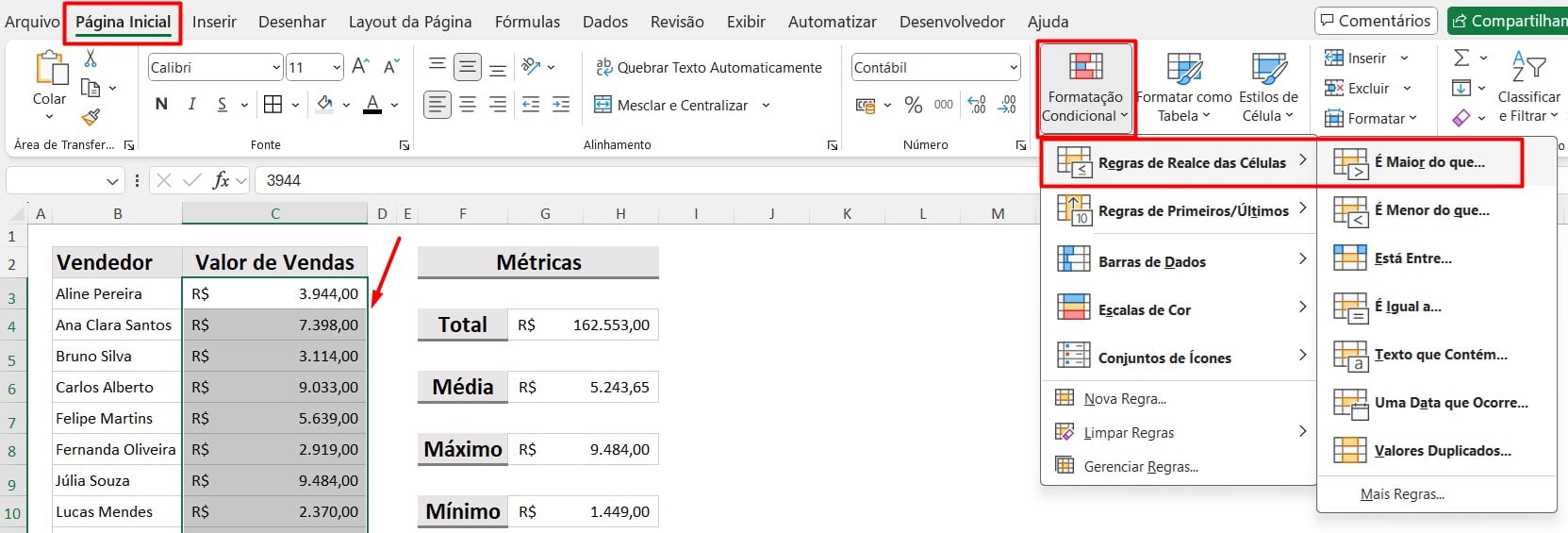 Aplicação da Formatação Condicional no Excel