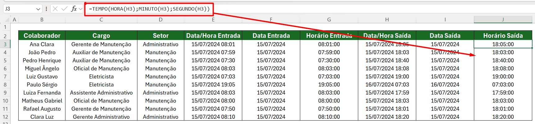 Aplicando a Função TEMPO nas Demais Células do Excel