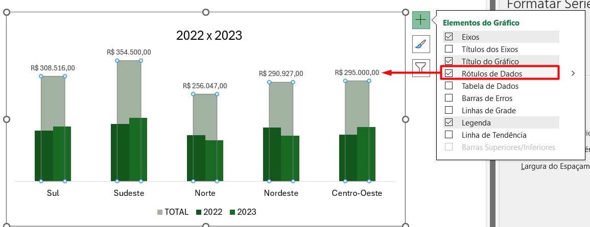 Ativando Rótulo de Dados no Gráfico no Excel