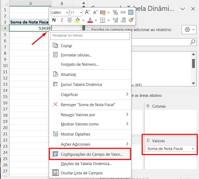 Configurando o Campo de Valor Para Tabela Dinâmica no Excel