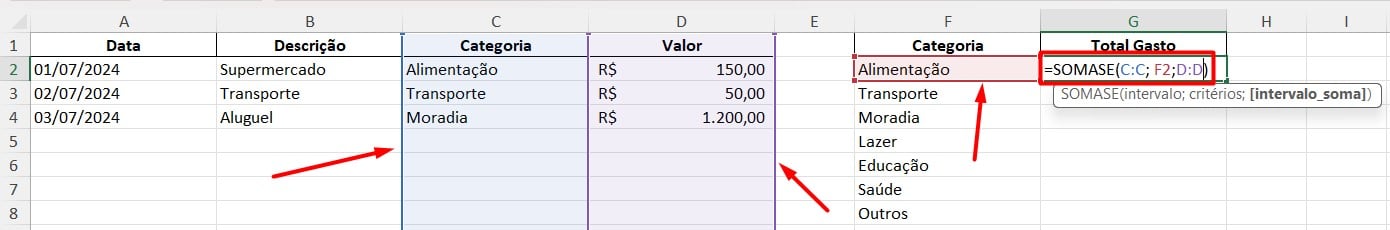 Correção da Função SOMASE na Planilha de Gastos no Excel