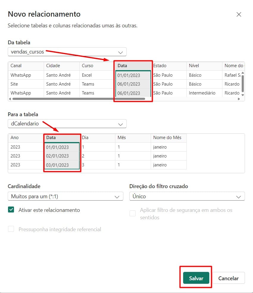 Ativando o Relacionamento Entre Tabela Vendas e Calendário