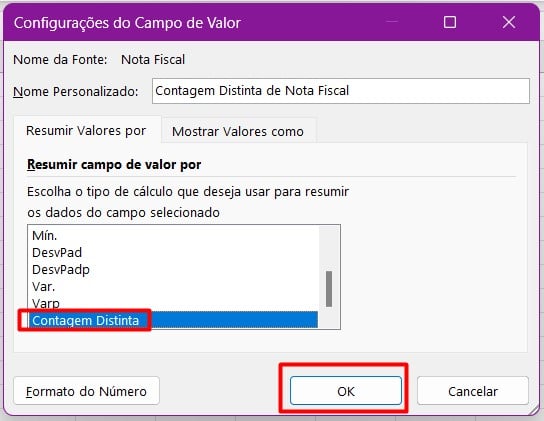 Configurando o Campo de Valor Para Contagem Distinta na Tabela Dinâmica no Excel