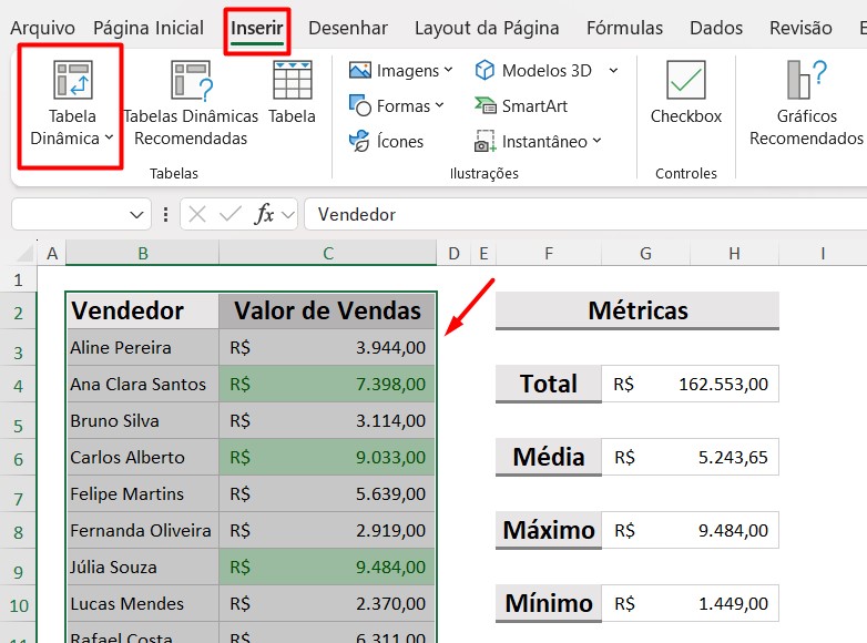 Inserindo Tabela Dinâmica no Excel