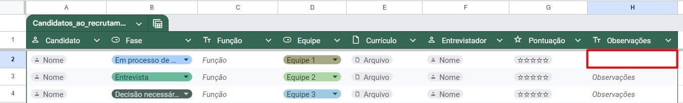 Configurando Tabela de Candidatos ao Recrutamento