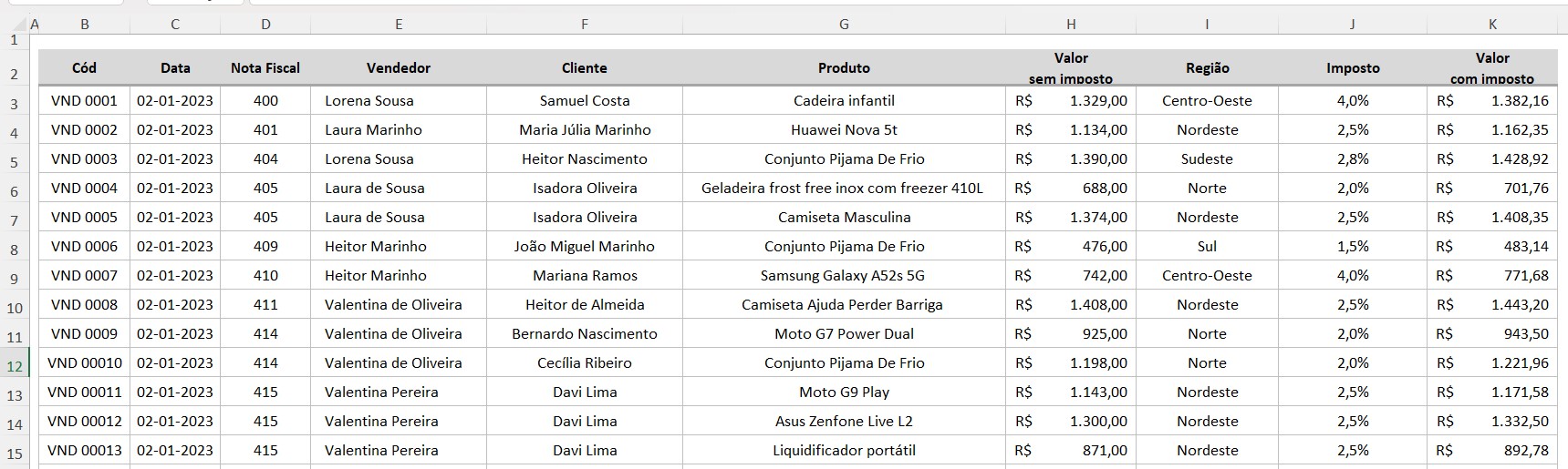 Base de Dados de Vendas no Excel