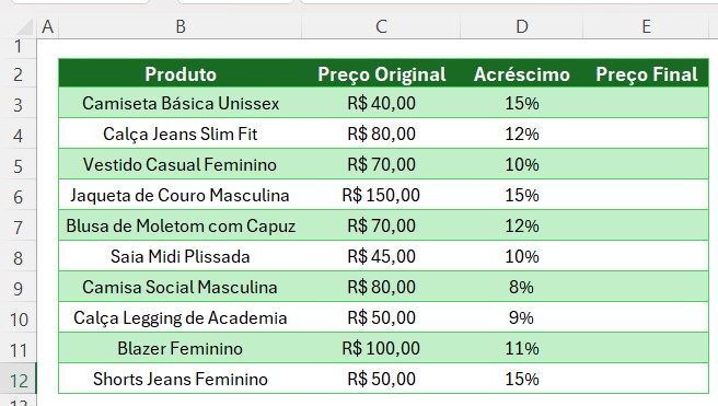 Base de Dados dos Produtos no Excel