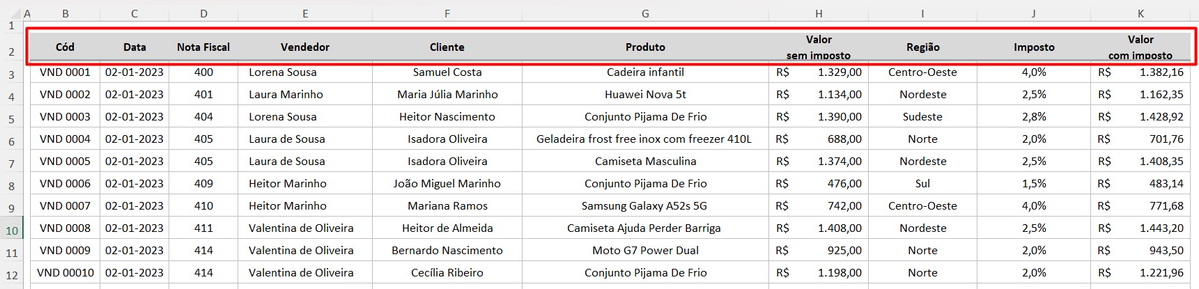 Tabela de Cadastro de Vendas no Excel