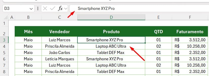 Espaços em Branco nos Produtos da Tabela no Excel