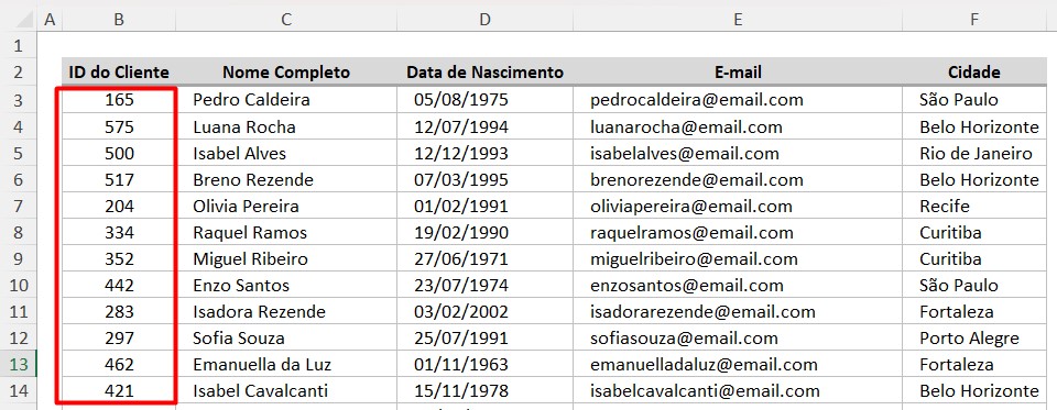 ID dos Clientes Fora de Ordem no Excel