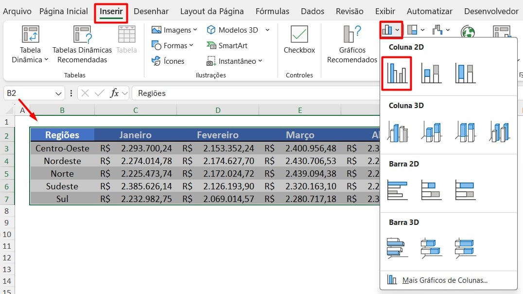 Inserindo Gráfico de Colunas Agrupadas no Excel