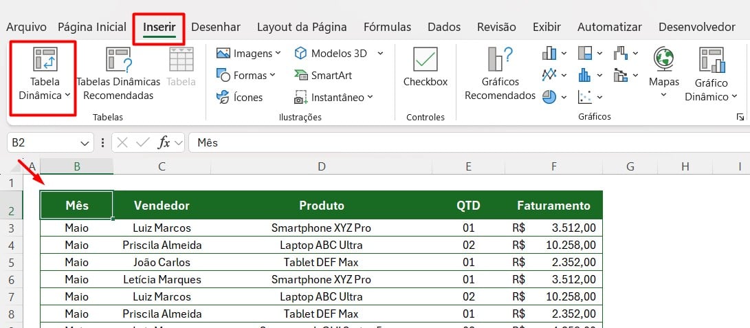 Inserindo Tabela Dinâmica no Excel