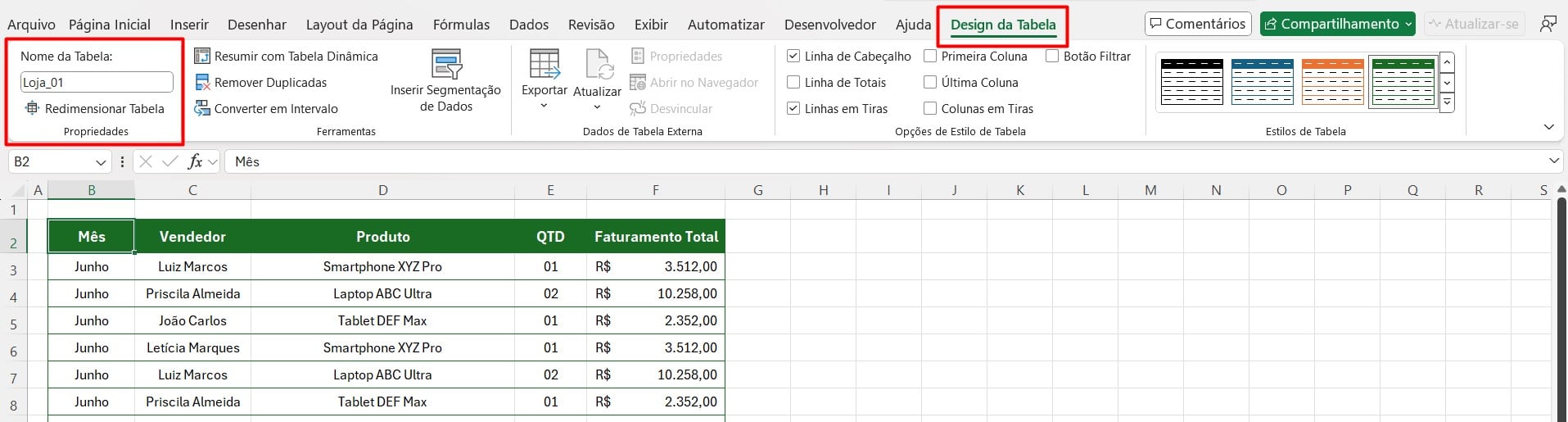 Tabela Identificada no Excel