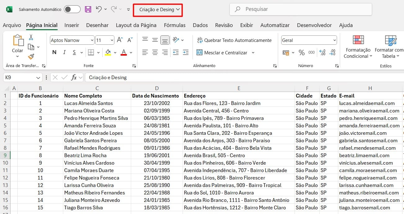 Tabela de Cadastros no Excel