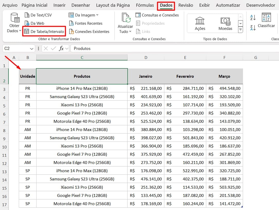 Acessando a Aba de Dados Para Transformar Colunas em Linhas no Excel