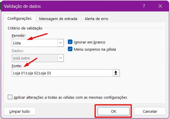 Configurando a Lista Suspensa em Fonte no Excel