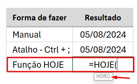 Função HOJE no Excel