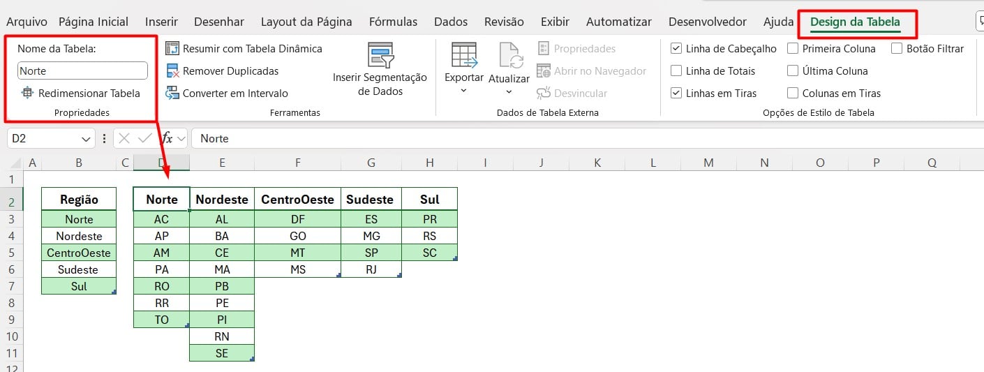 Listas no Excel com as Regiões e Estados do Brasil Formatadas Como Tabela