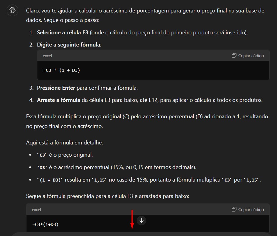 Orientações do ChatGPT Para Calculo de Acréscimo no Excel