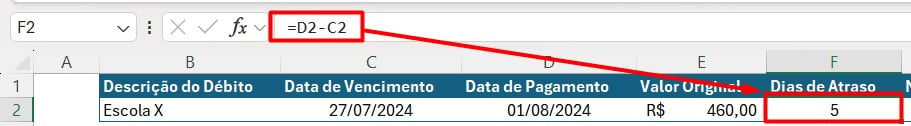 Resultado dos Dias de Atraso no Excel