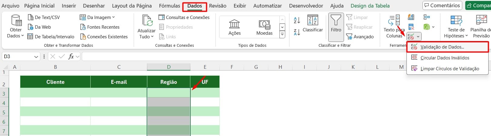 Acessando a Validação de Dados no Excel