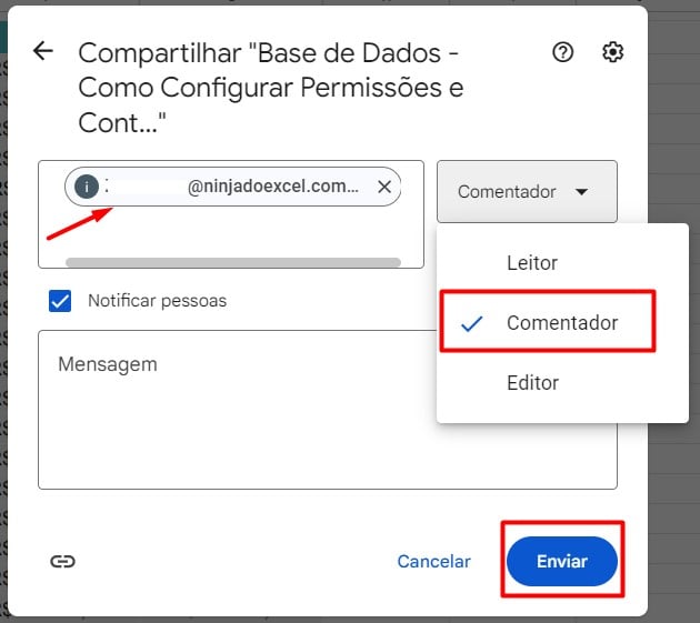 Configurando Acesso de Comentador no Google Sheets