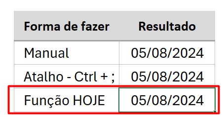 Função HOJE no Excel