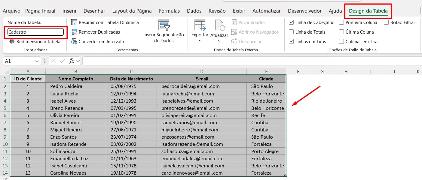 Nomeando Tabela no Excel