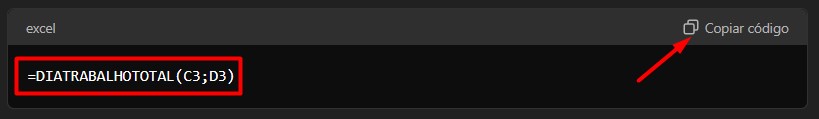 Sugestão do ChatGPT da Função DIATRABALHOTOTAL no Excel