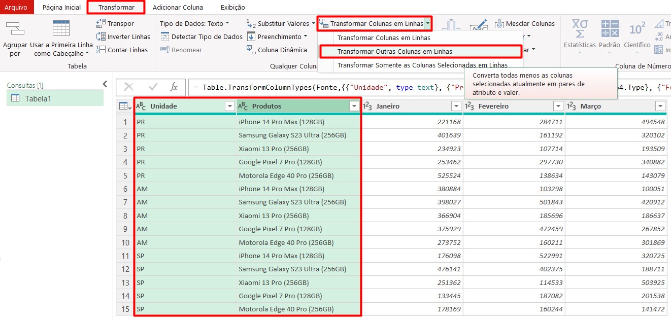 Transformando Colunas em Linhas no Power Query