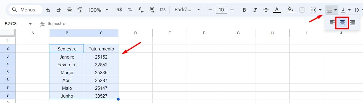 Alinhando os Dados da Planilha no Google Sheets