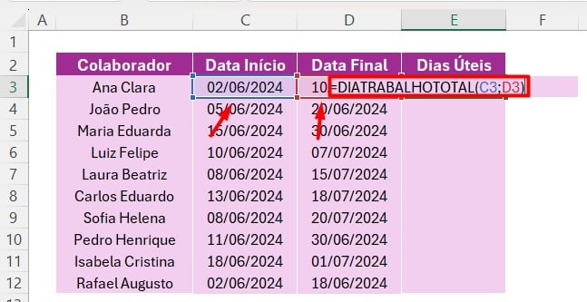 Aplicação da Função DIATRABALHOTOTAL no Excel