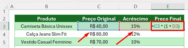 Cálculo de Acréscimo de Porcentagem no Excel