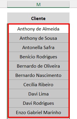 Coluna Classificada de A a Z no Excel