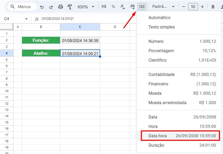 Configurando Para Data Hora no Google Sheets