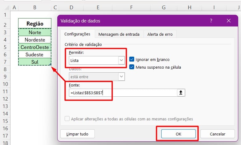 Configurando a Lista Suspensa no Excel