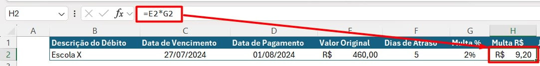 Resultado do Valor de Multa no Excel