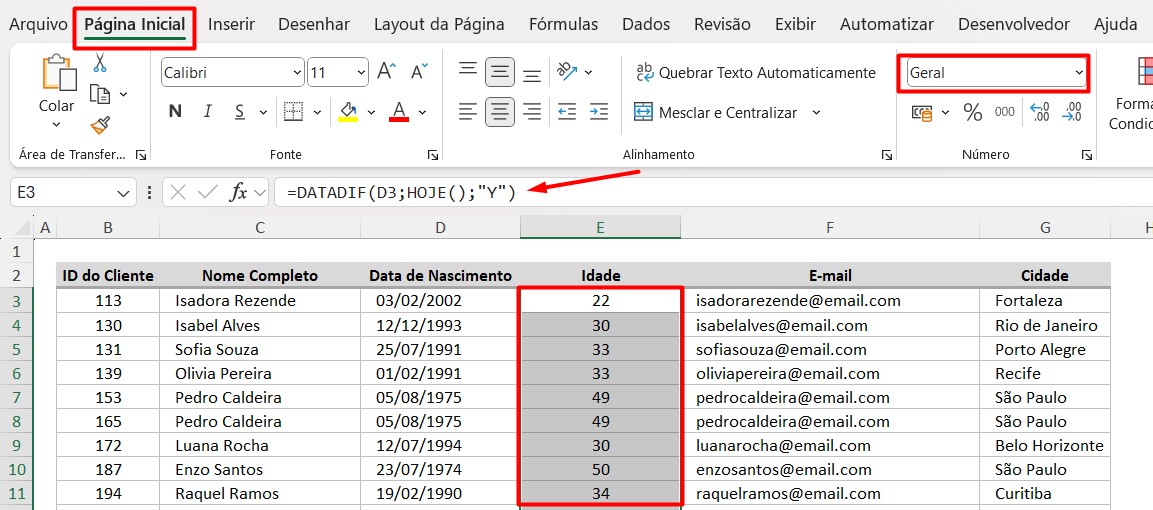 Configurando a Idade Para Geral no Excel