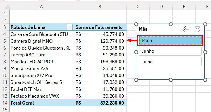 Filtro de Segmentação de Dados na Tabela Dinâmica do Excel