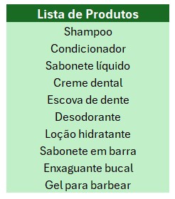 Lista de Produtos no Excel