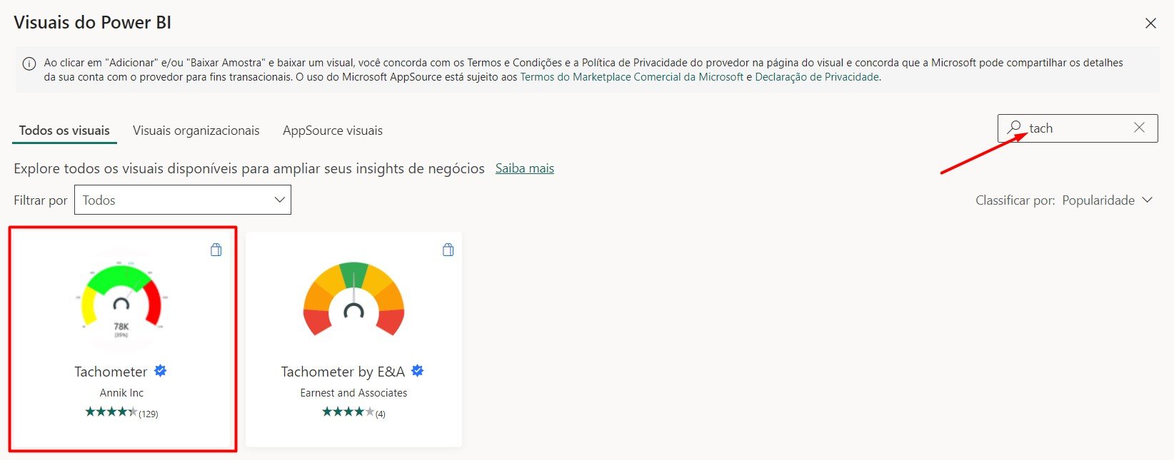 Localizando o Gráfico de Velocímetro no Power BI