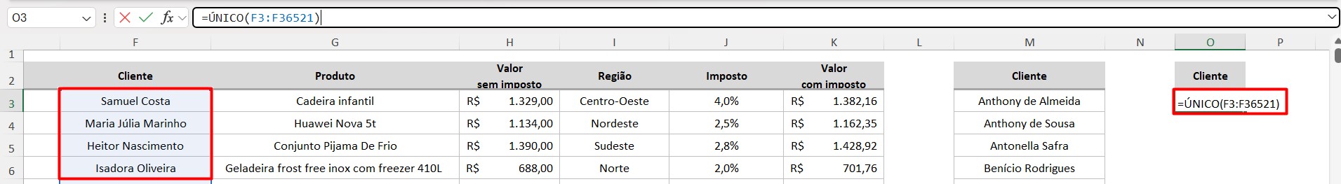 Usando a Função ÚNICO em Coluna no Excel