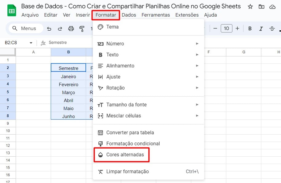 Alterando as Cores das Células no Google Sheets