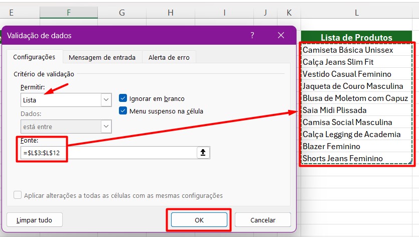 Selecionando Lista de Produtos em Lista Suspensa no Excel