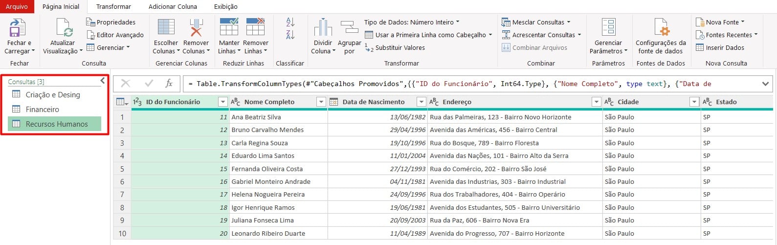 Tabelas Importadas e Renomeadas no Power Query