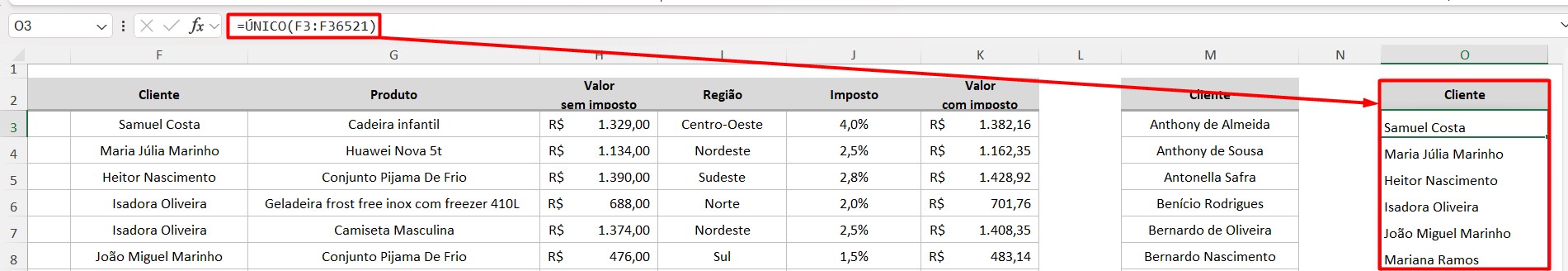 Usando a Função ÚNICO em Coluna no Excel