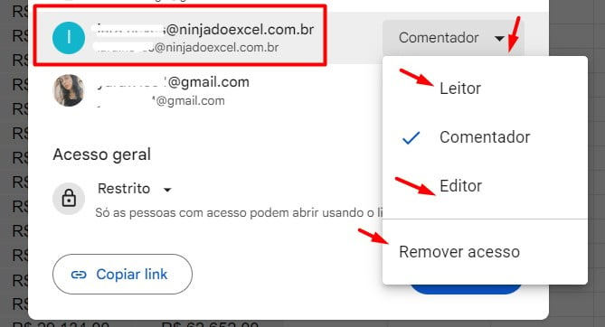 Alterando o Tipo de Permissão no Google Sheets