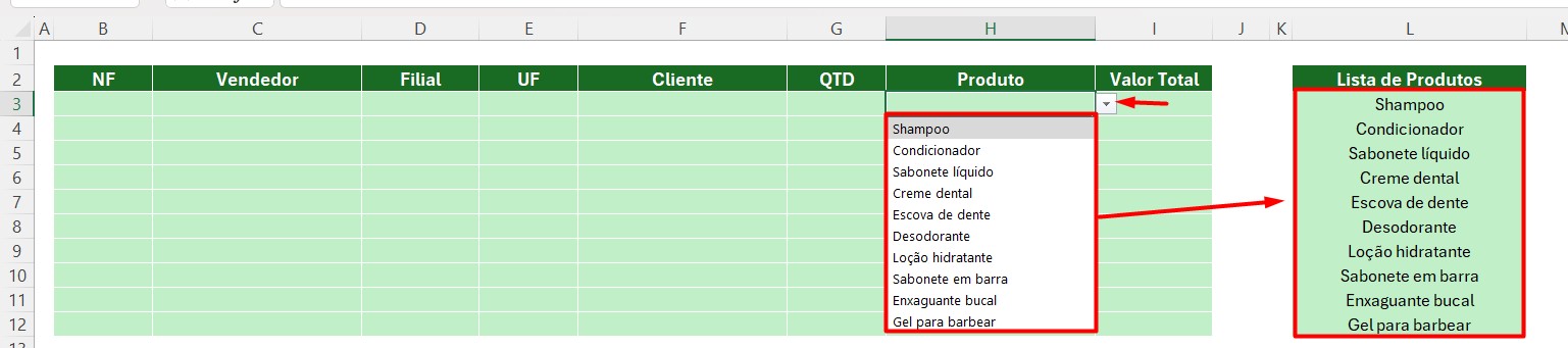 Criado Lista Suspensa com Várias Opções no Excel